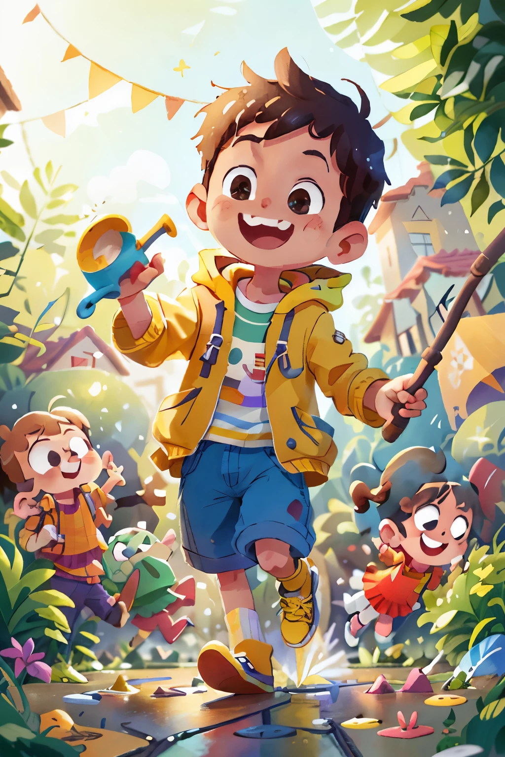 A mischievous boy, dressed in a bright yellow raincoat, joyfully plays with a colorful watering can in a whimsical cartoon world. The water he sprinkles creates a rainbow of splashes that dance across the pavement, entertaining a group of animated children who laugh and clap along. The scene is filled with vibrant flowers, smiling suns, and whimsical clouds, creating a cheerful and playful atmosphere.
