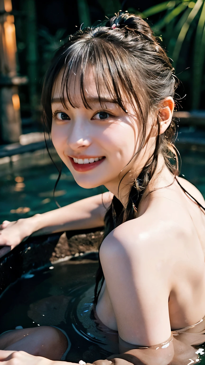 (8k、RAW Photos、Highest quality、masterpiece:1.2)、((Hair tied up、naked、night、moonlight:1.3))、(Realistic、Realistic)、1 girl、((View from the front、smile、hot spring、Open-air bath、bamboo forest、Look at me and smile))、cute