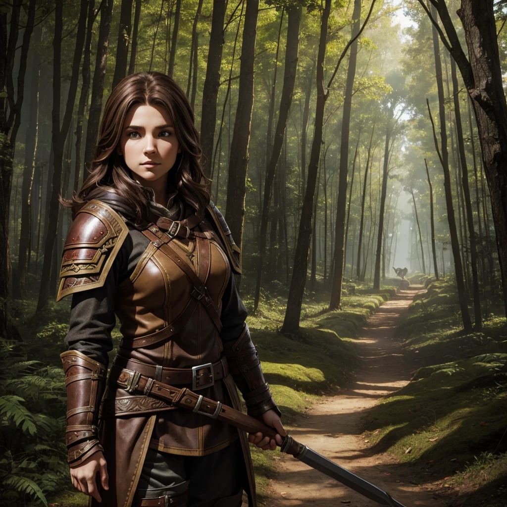female halfling druid with brown hair wearing leather armor, red wolf companion, forest background, pathfinder, highest quality