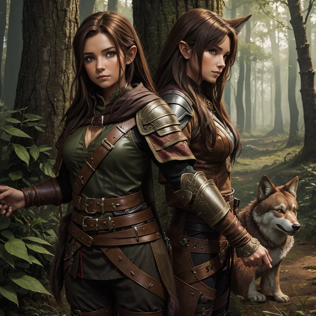 female halfling druid with brown hair wearing leather armor, red wolf companion, forest background, pathfinder, highest quality