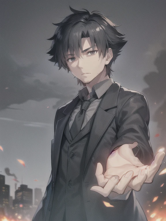 emiyaki, 1boy, male focus, solo, long coat,  suit, grey shirt, necktie, stubble, sky, smoke, night sky, rubble, embers, 