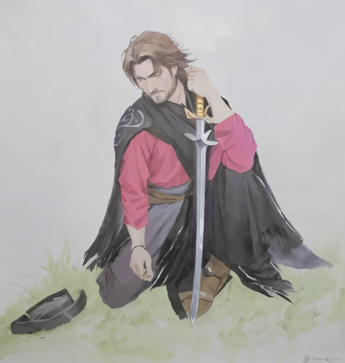 painting of a man on his knees holding a sword and a red shirt, with a torn black cover, Native Gaucho, poncho therefore, painting of a knight, boromir in an 80\animes world, inspired by Edmund Greacen