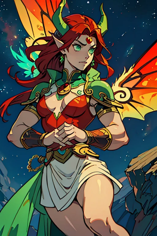 guardian dragon woman who controls and creates stars, clothes with a lot of fabric hanging with green eyes, red horns and his big red hair with moths in his hair all over his body and big angel wings and details of stars on his legs and a jade stone in the middle of his forehead