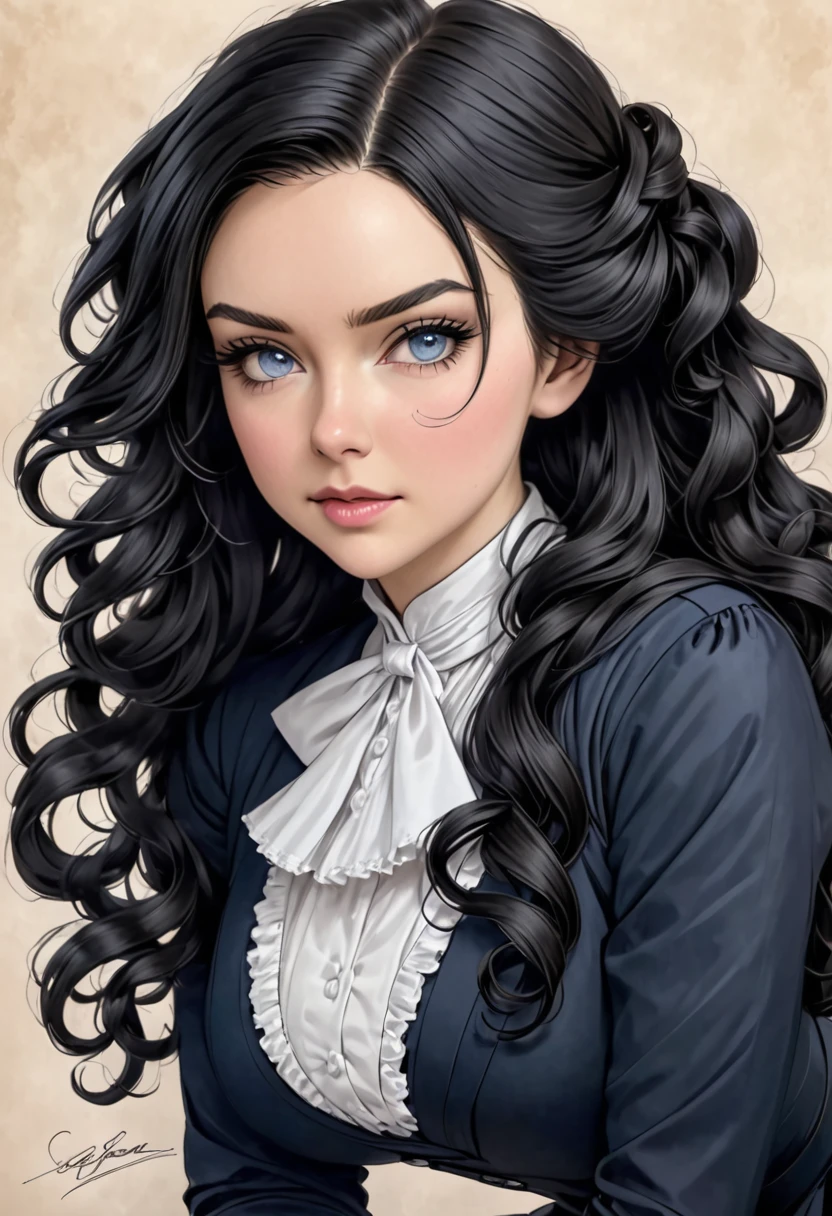A pencil drawing of a young victorian governess, curly black hair. Kind and inteligent energy. coarse, wiry, and tightly curled. It often has a rough texture, feels stiff to the touch, and may be prone to frizz and tangling. Paige Renee Spiranac