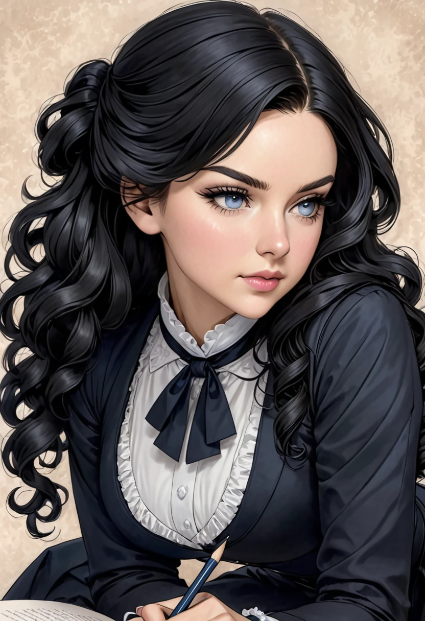 A pencil drawing of a young victorian governess, curly black hair. Kind and inteligent energy. coarse, wiry, and tightly curled. It often has a rough texture, feels stiff to the touch, and may be prone to frizz and tangling. Paige Renee Spiranac