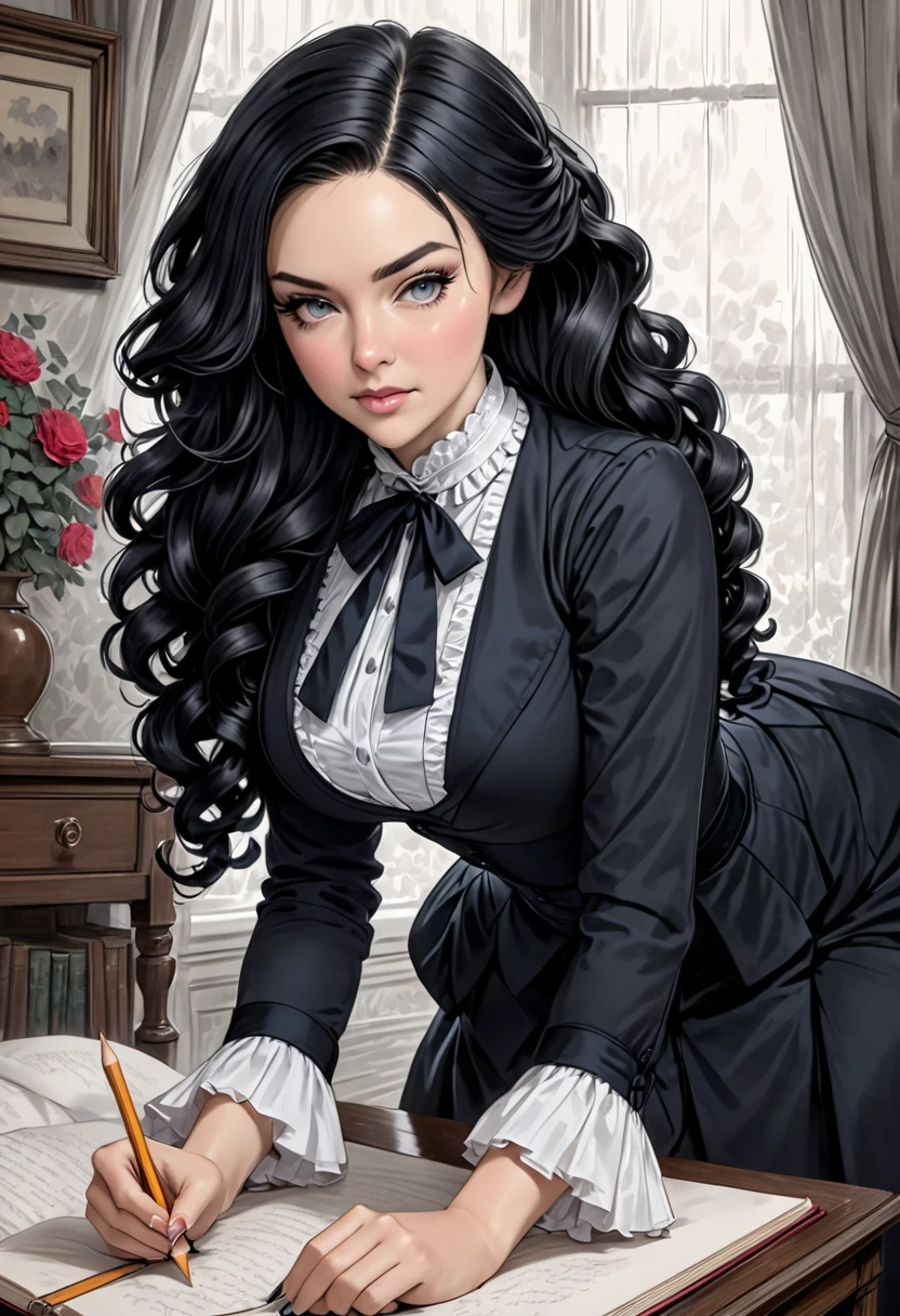 A pencil drawing of a young victorian governess, curly black hair. Kind and inteligent energy. coarse, wiry, and tightly curled. It often has a rough texture, feels stiff to the touch, and may be prone to frizz and tangling. Paige Renee Spiranac