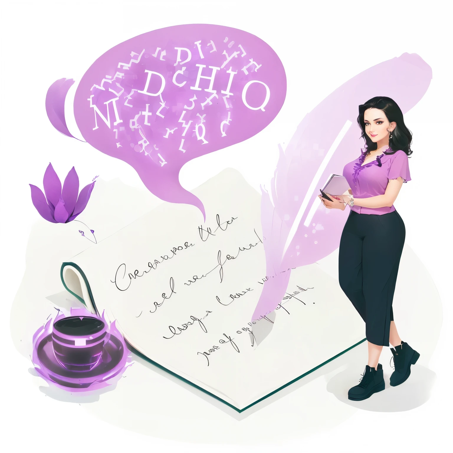 Therapeutic writing: a dark-haired woman wearing a purple blouse with the hexadecimal code #9966FF, sitting in a tranquil and serene place, writing in a diary. The paper should have 'escrita terapêutica' written in Brazilian Portuguese. The scene should convey calm and introspection. Additionally, a pale young woman writing a letter with a pen and a cup of coffee next to her, illustration in cartoon style, lettering style, illustrated in whimsical style, hand-drawn illustration, more detailed illustration, artistic illustration, text, cartoon character illustration, flowing letters, Latin writing, lettering, full-page illustration, coherent English text characters.