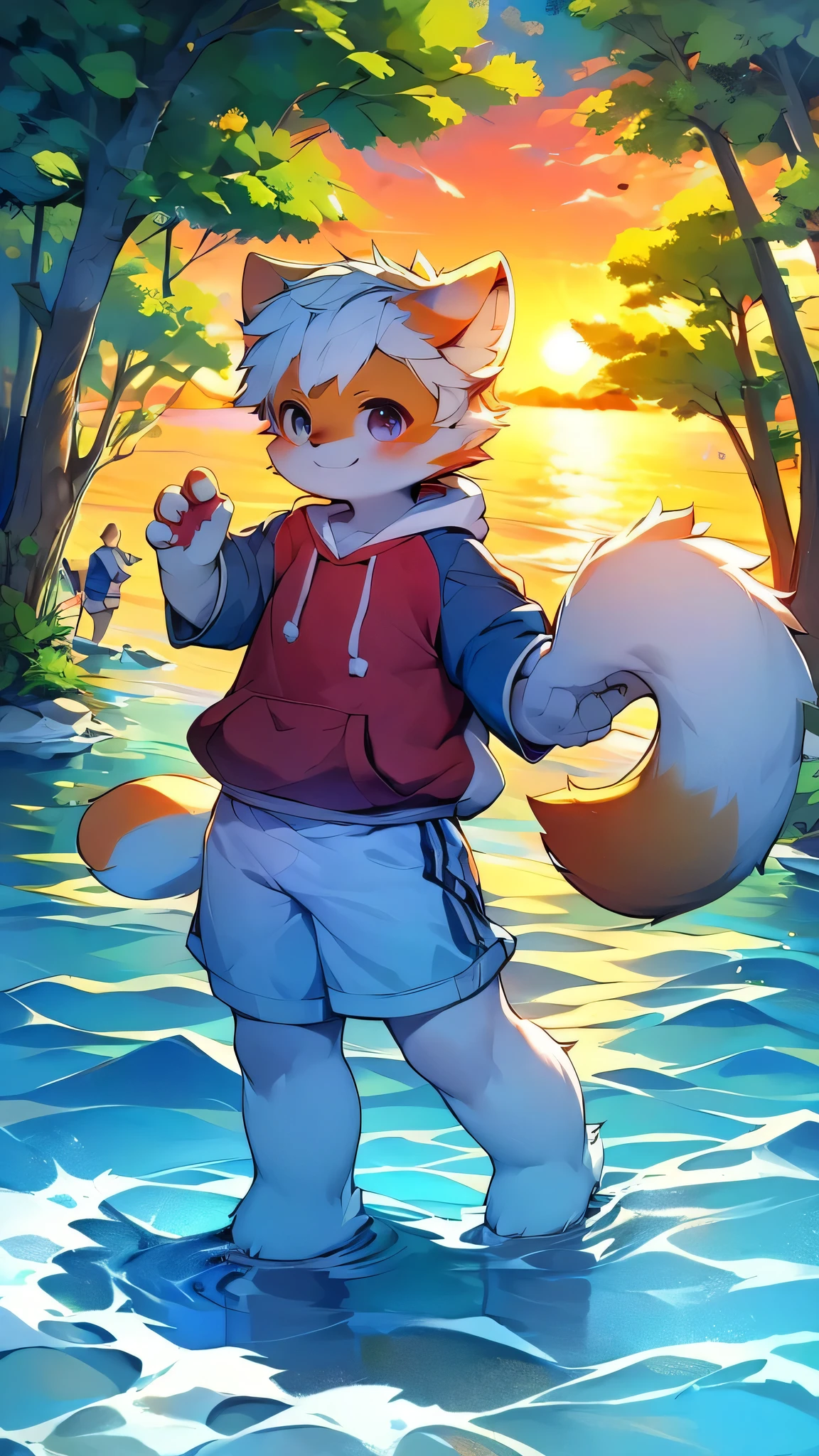 Red Panda Boy,School,student,(Cute characteristics of hoodies) Ultra-fine,Exact details,4K ultra-vivid,Cute Face,Fluffy fur,Furry,Water Play,swimming,Ocean,Cute art style in anime,(Cheerful teenager,15 years old:1.3)sunset,single,alone,towering,tall,Wink,running at full speed