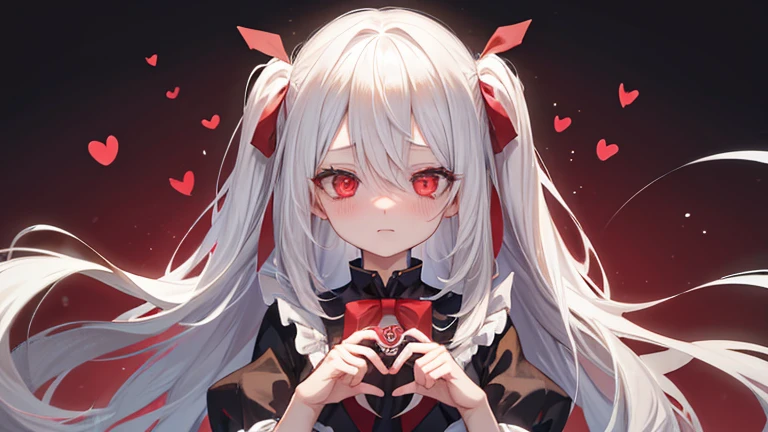 1girl,long white hair,Red eyes,embarrassed,heart-shaped eyes,Yandere girl upward glance