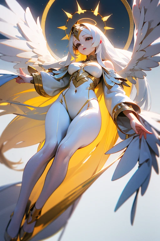 ((full body)) ((sexy tall supermodel)) ((beautiful face)) (red lipstick) ((big bright eyes)) ((very long blonde messy with long bangs covering one eye)) ((pale skin)) ((very huge breast:1.5)) (perfect body:1.3) ((wears white tiny string bikini thong)) ((choker, white high heels,, big cosplay wings ornamented with gold)) ((sexy supermodel posing inside photo studio for camera photoshoot, light of reflector over her)) ((showing backside and ass)) (high resolution, dynamic shadows)((photorealistic:1.5)) ((masterpiece:1.3)) (8k) (perfect face) (best quality) (perfect hands and eyes)