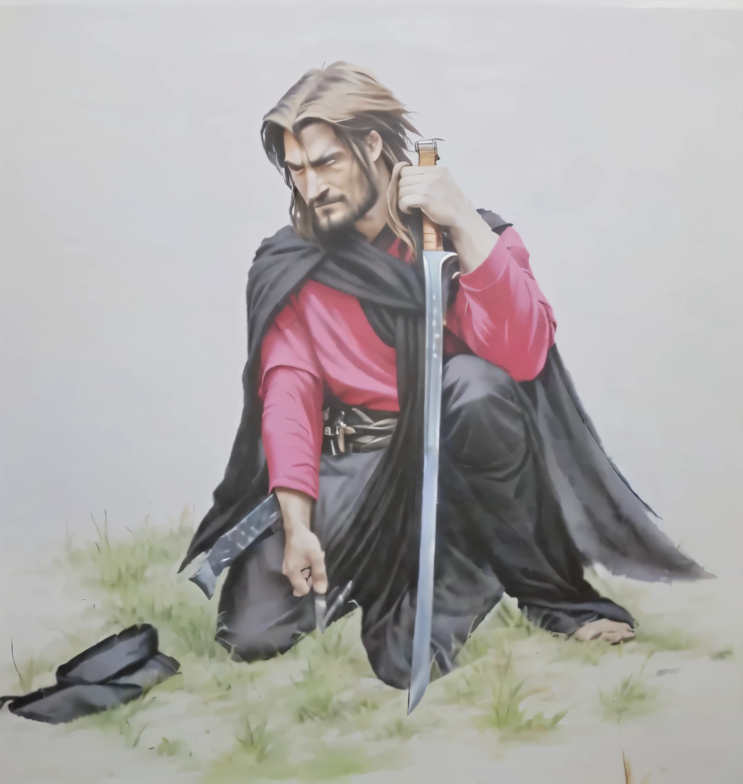 painting of a man on his knees holding a sword and a red shirt, with a torn black cover, Native Gaucho, poncho therefore, painting of a knight, boromir in an 80\animes world, inspired by Edmund Greacen