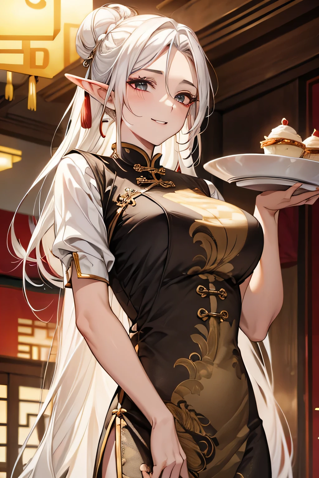 Highest quality,Masterpiece,8K,China Long Dress,Big Breasts,Best Style,Droopy eyes,A sparkling smile,white Hair,Hair Bun,Chinese restaurant,waiter,elf ears