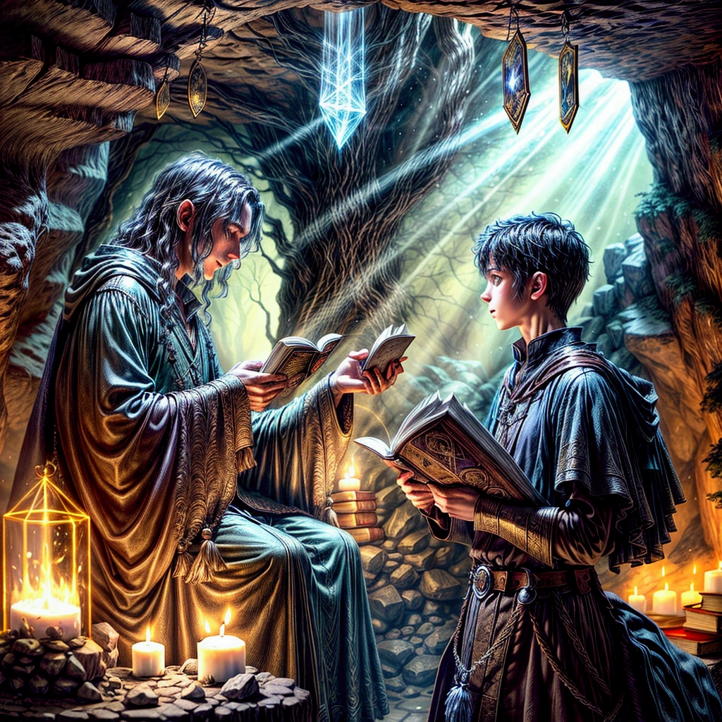 blurred image of a man and a boy in a cave, spellcasting wizard, Tolkien and Michael Komarck, jovem mago, fantasy book illustration, wizard reading a directory, realistic fantasy photography, wizard casting a spell, wizard doing a tarot reading, magic scene, spells magic, Lt. Grzegorz Rutkowski, cave of books, still from a fantasy movie