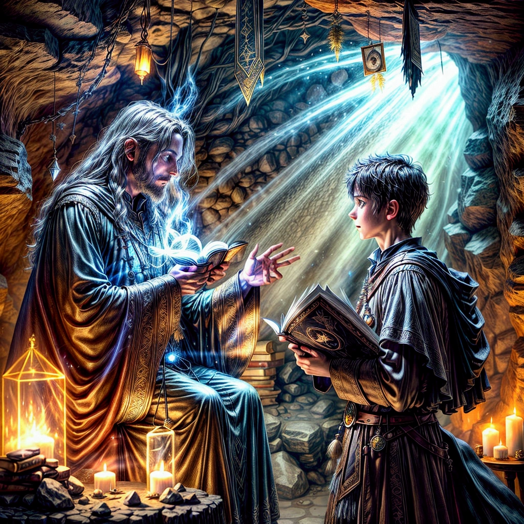 blurred image of a man and a boy in a cave, spellcasting wizard, Tolkien and Michael Komarck, jovem mago, fantasy book illustration, wizard reading a directory, realistic fantasy photography, wizard casting a spell, wizard doing a tarot reading, magic scene, spells magic, Lt. Grzegorz Rutkowski, cave of books, still from a fantasy movie