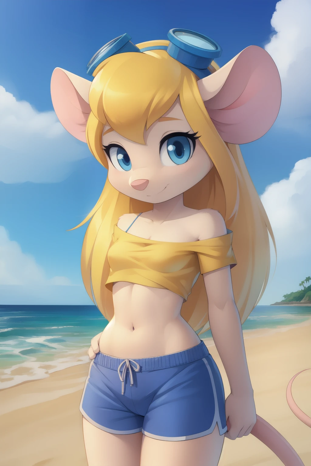 Score_9,score_8_up,score_7_up, source_cartoon, source_furry, Gadget Hackwrench, young, mouse, blonde hair, long hair, narrowed eyes, blue eyes, pink nose, body fur, small breasts, detailed body fur, detailed face, detailed eyes, glistering body, shiny body, gorgeous body, masterpiece, high quality, ((goggles, yellow shirt, one shoulder, midriff, blue shorts)), beach, clear sky, skinny, standing, :3, uperbody,