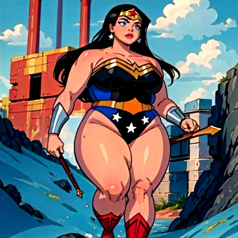 (((highly detailed, high quality, masterpiece, beautiful))), (((full shot))), (((back side view))), wonder woman, solo, athletic female, taller female, (((voluptuous))), sensual body, curvy figure, curvaceous, black hair, long hair, wavy hair, brown eyes, black eyebrowns, sensual eye, eyelashes, eyeliner, (((soft abd))), large back, humanoid feet, humanoid hands, 5 fingers, 5 toes, (((barefoot))), busty, wide hips, large hips, large ass, bubble ass, thick thighs, large thighs, large legs (((feet detail))), (((soft soles))), meaty soles, pose, smile, looking at viewer, (((presenting ass))), (((thighs together))), standing, (((arched soles))), tiptoes, wonder woman leotardo, (((cleavage)))