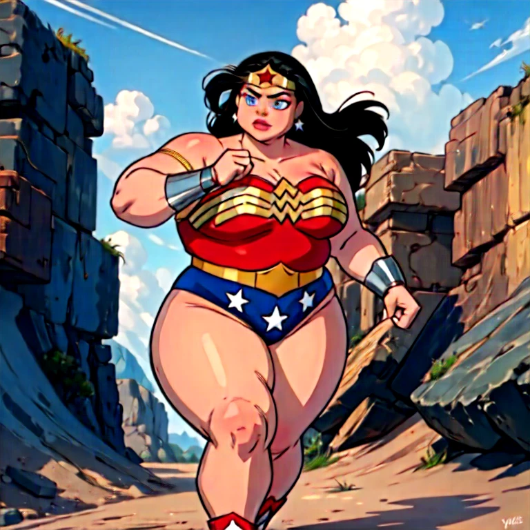 masterpiece,best quality,extreme detail,8k,wonder2, 1 fat girl, SSBBW, big ass, solo, long hair, breasts, blue eyes, black hair, bare shoulders, jewelry, medium breasts, weapon, earrings, boots, belt, sword, cloud, dark skin, star (symbol), leotard, dark-skinned female, strapless, tiara, red footwear, sheath, clenched hands, star earrings, superhero