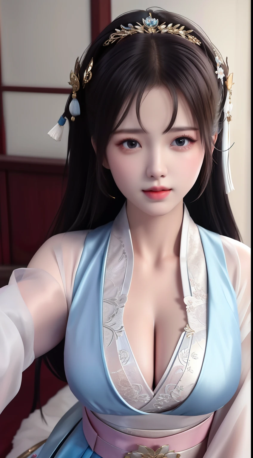 best quality, masterpiece, highres, 1girl,china dress,hair ornament,necklace, jewelry,Beautiful face,upon_body, tyndall effect,photorealistic, dark studio, rim lighting, two tone lighting,(high detailed skin:1.2), 8k uhd, dslr, soft lighting, high quality, volumetric lighting, candid, Photograph, high resolution, 4k, 8k, Bokeh, Wet-breasted Hanfu open V-chested clothes, All pictures, Wet body of thin silk fabric, Thin silk lace petticoat,princess 10 yeald old cute, (huge ，cleavage),petticoat, white pink, blue ，best qualtiy，tmasterpiece，Ultra-high resolution，（Reality：1.4），RAW photogr，（True skin texture：1.3），（filmgrain：1.3），（Selfie angle），1个Giant Breast Girl，Beautiful eye and face details，tmasterpiece，Best quality at best，exposing thighs，Bigchest，The chest is more exposed, pattern on fabric
