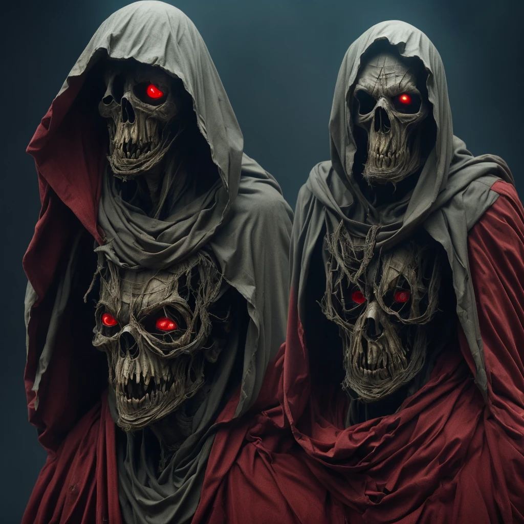 (masterpiece:1.2), absurdity, Photorealistic shot of Mumm-Ra.,One, decaying mummy,a spiteful and ancient sorcerer, , withered, wrapped in rotting bandages, emaciated body. Grotesque, sickly gray skin, covered in torn, rotting bandages, the body is exhausted, his face is hidden by a red hooded robe, glowing ominous red eyes, spiteful,  (very detailed:1.3)

