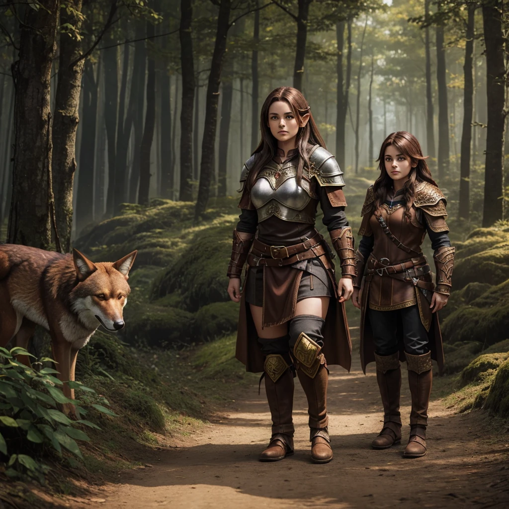 female halfling druid with brown hair wearing leather armor, adult red wolf pet, forest background, pathfinder, highest quality, full body