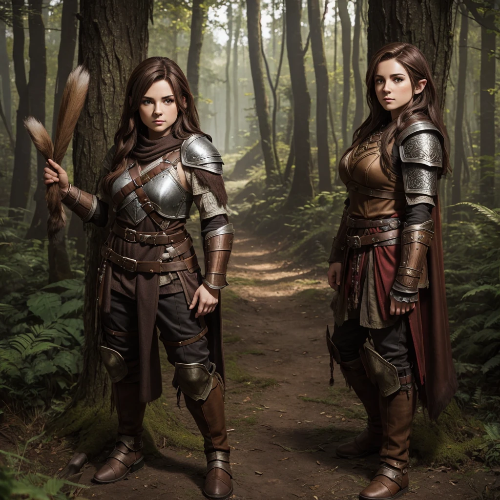 female halfling druid with brown hair wearing leather armor, adult red wolf pet, forest background, pathfinder, highest quality, full body