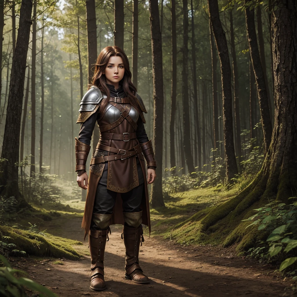 female halfling druid with brown hair wearing leather armor, adult red wolf pet, forest background, pathfinder, highest quality, full body