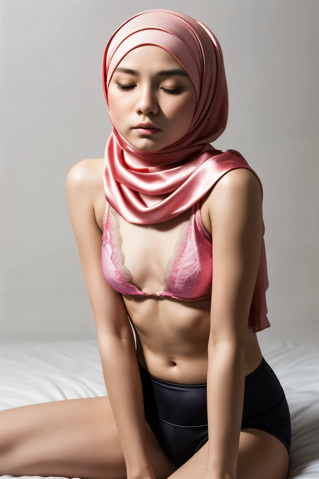 Y(((MALAY HIJAB GIRL))), (realistic, photo-realistic:1.4), ((LAT CHEST)), (( TRANSPARENT )), ((SOFT PINK LACE )), ((RED LIPS)), ((SADNESS)), (((FLAT CHEST))), (((FLAT CHEST))), (((FLAT CHEST))), ((TRANSPARENT)), ((FLAT CHEST)), ((FLAT CHEST)), ((TRANSPARENT)), (((FLAT CHEST)), ((TEARS)). ((SKINNY FLAT CHEST)), ((SKINNY)).