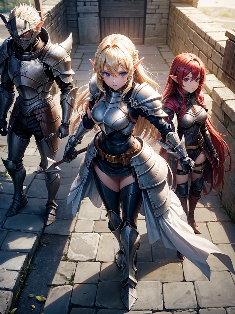 Create an image with 3 armored women, an alpha mage, a human knight and a goblin archer
