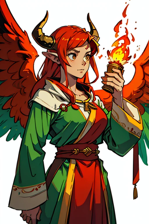 priestess of fire with horns and angel wings green and red clothes
