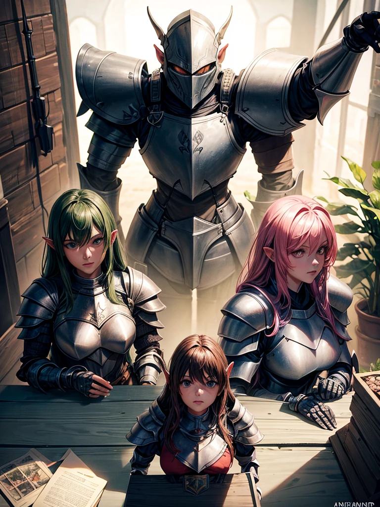 Create an image with 3 armored women, an alpha mage, a human knight and a goblin archer