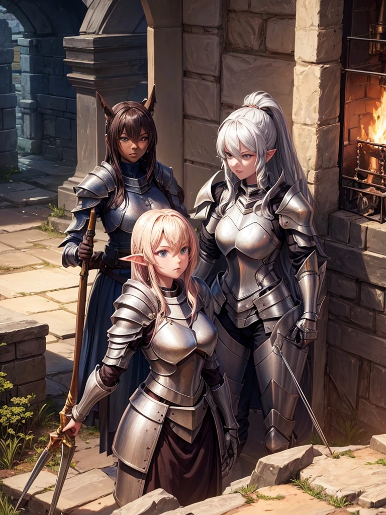 Create an image with 3 armored women, an alpha mage, a human knight and a goblin archer 