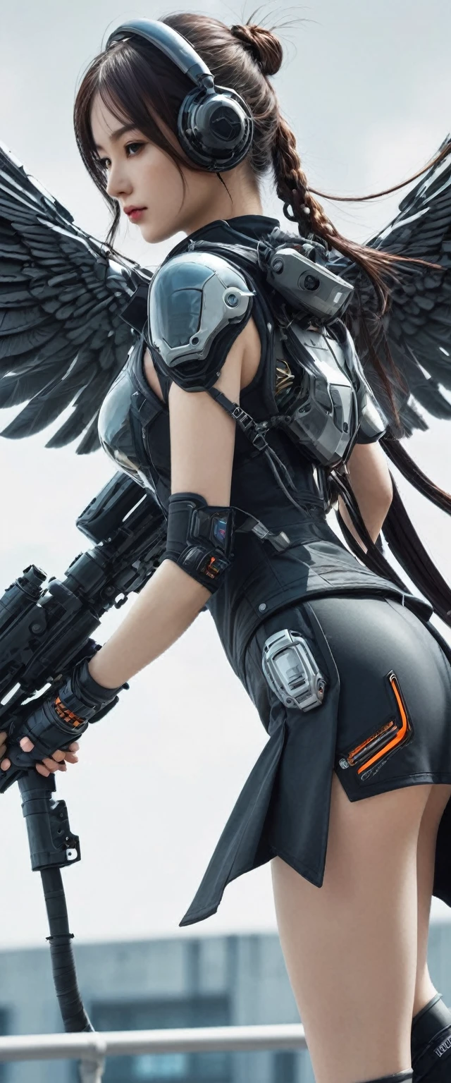 high quality, detailed, The girl is the ultimate weapon,The girl is a cyborg,Flight Wings with jet unit attached to the girl's back,