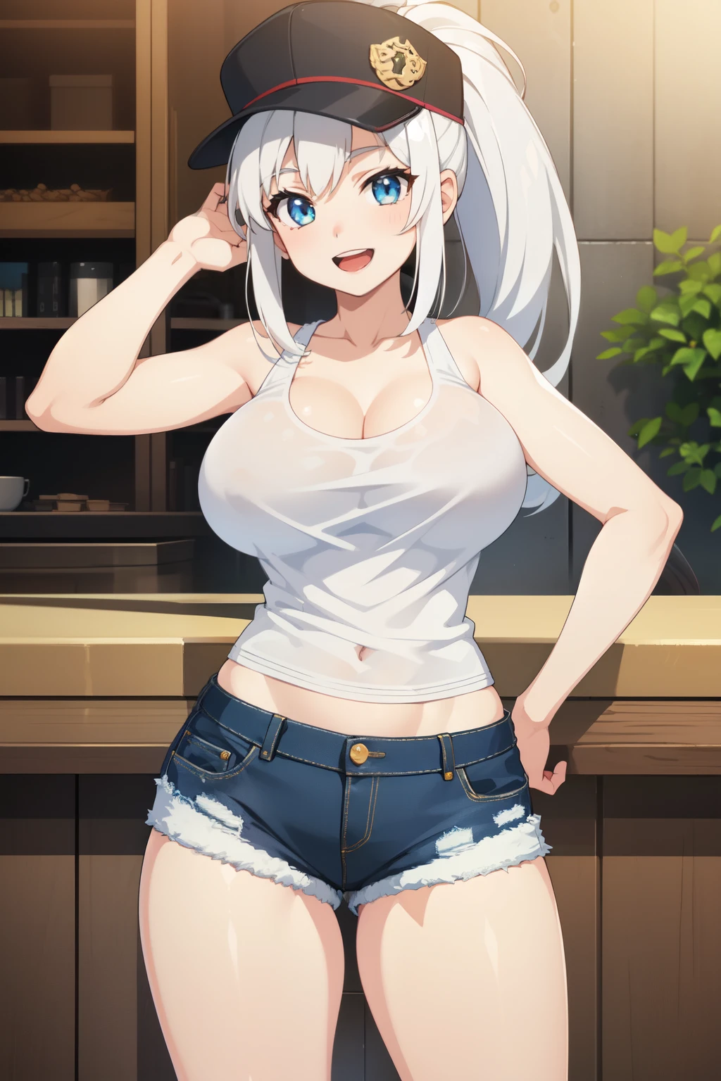 ((Highest quality)), ((masterpiece)), (detailed), One girl, white hair,,huge breasts,open clothes,Tank top,denim shorts,long hair,ponytail,game cg,アニメ,crotch,smile,seductive smile,open mouth,curvy,hat,game cg,アニメ,detailed skin,open clothes,