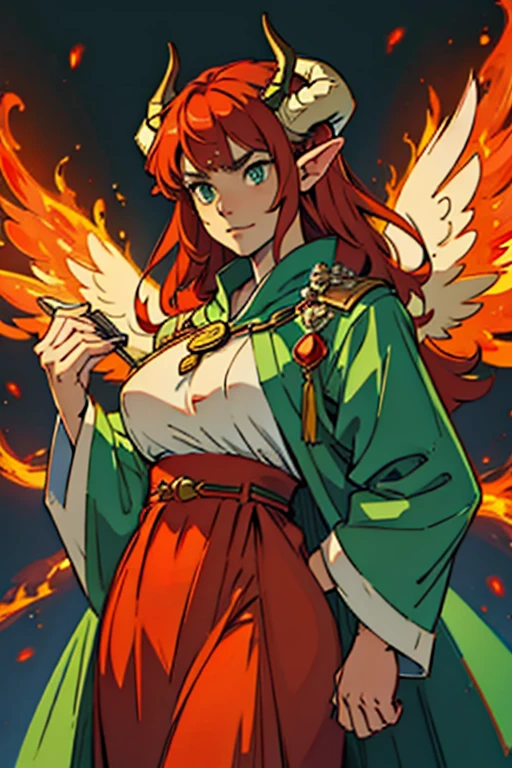 priestess of fire with horns and large angel wings green and red clothes
