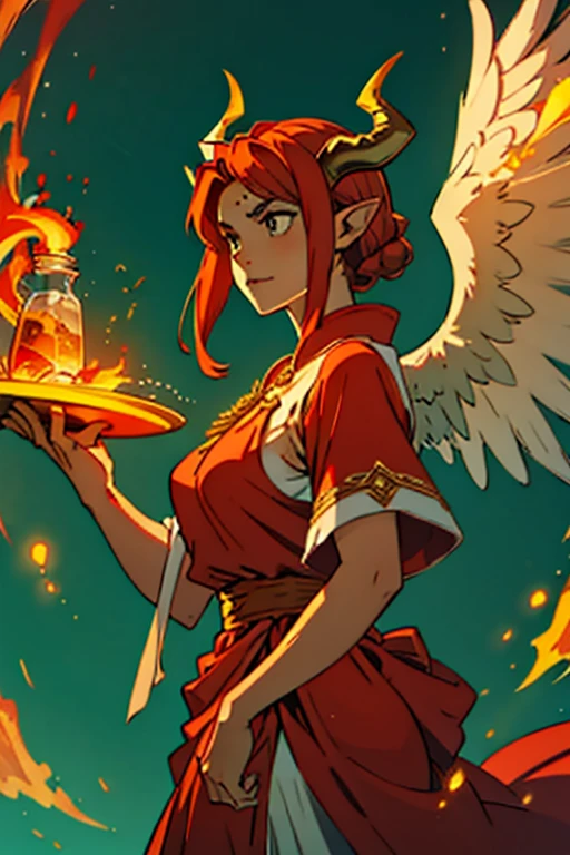 priestess of fire with horns and large angel wings green and red clothes