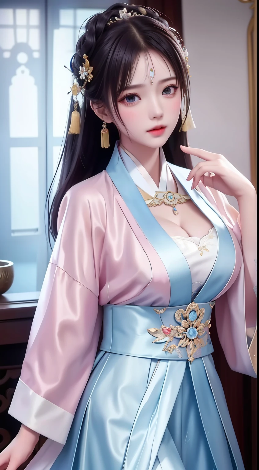 best quality, masterpiece, highres, 1girl,china dress,hair ornament,necklace, jewelry,Beautiful face,upon_body, tyndall effect,photorealistic, dark studio, rim lighting, two tone lighting,(high detailed skin:1.2), 8k uhd, dslr, soft lighting, high quality, volumetric lighting, candid, Photograph, high resolution, 4k, 8k, Bokeh, Wet-breasted Hanfu open V-chested clothes, All pictures, Wet body of thin silk fabric, Thin silk lace petticoat,princess 10 yeald old cute, (huge ，cleavage),petticoat, white pink, blue ，best qualtiy，tmasterpiece，Ultra-high resolution，（Reality：1.4），RAW photogr，（True skin texture：1.3），（filmgrain：1.3），（Selfie angle），1个Giant Breast Girl，Beautiful eye and face details，tmasterpiece，Best quality at best，exposing thighs，Bigchest，The chest is more exposed, pattern on fabric