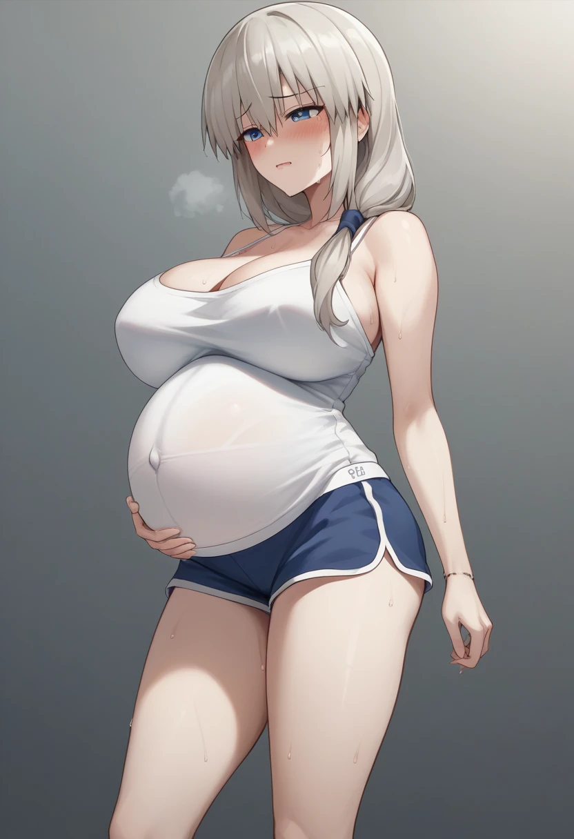 Huge breasts、blush、Sweat、In the heat、Long white hair、Braiding、uzaki_fortune、
{Highest quality}, {so beautiful}, {Very detailed}, {Best illustrations},Life、slim:1.5、White camisole(tight)、Are standing、Dolphin Shorts、Pregnant women