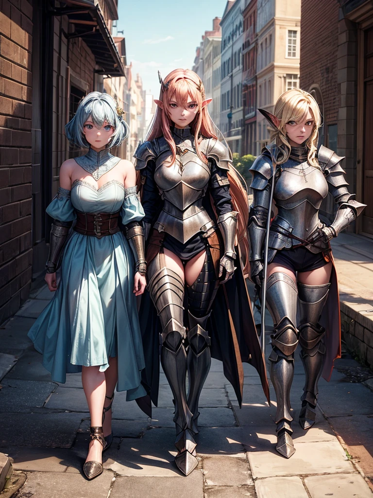 Create an image with 3 armored women, an alpha mage, a human knight and a goblin archer