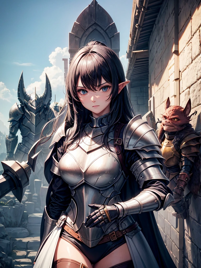 Create an image with 3 armored women, an alpha mage, a human knight and a goblin archer