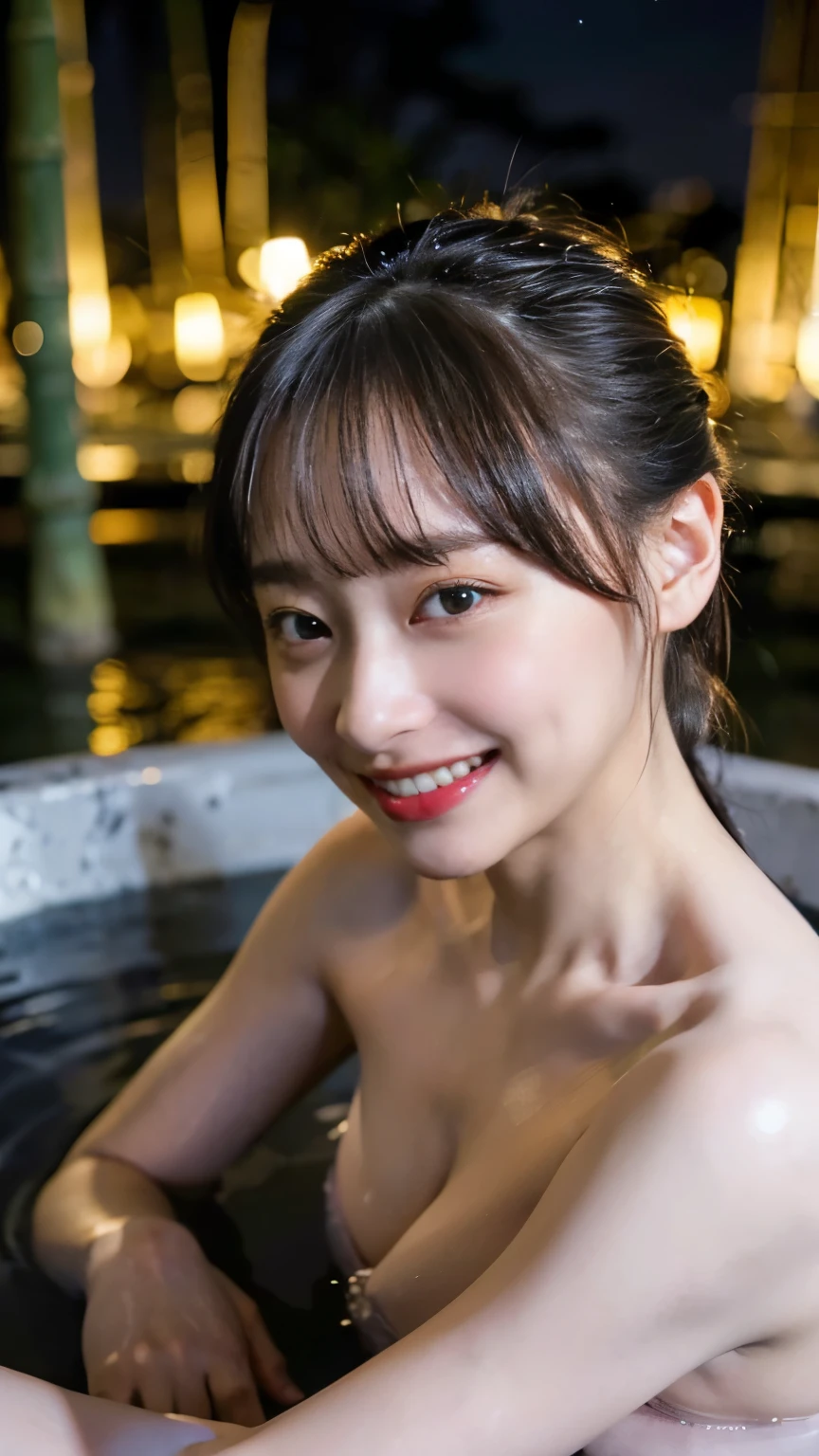 (8k、RAW Photos、Highest quality、masterpiece:1.2)、(Realistic、Realistic)、1 girl、((night、moonlight、dim、naked、Open-air bath、hot spring、Relax after a bath、Nipples、View from the front、bangs、smile、Look at the camera and smile))、cute