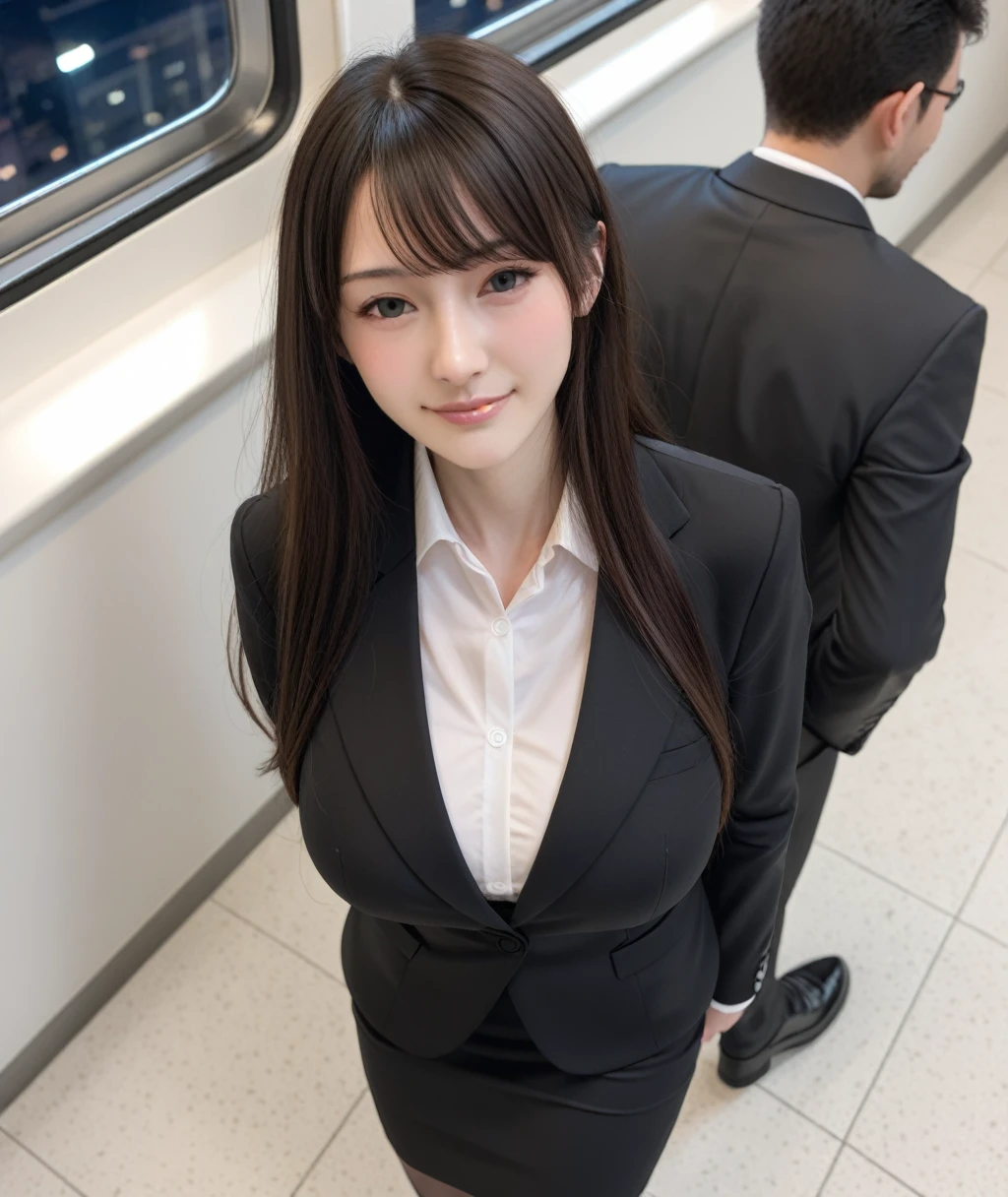 score_9, score_8_up, score_7_up, uncensored, realistic, in train, tokyo, (at night:1.2), (from above:1.3),
1girl, cute, japanese, black hair, long hair, bangs, half closed eyes, closed mouth, naughty face, (gigantic breasts),
(business suit:1.2), office_uniform, (black suit:1.3), white shirt, pencilskirt, pantyhose, (microskirt:1.2),
sitting on train long seat,
