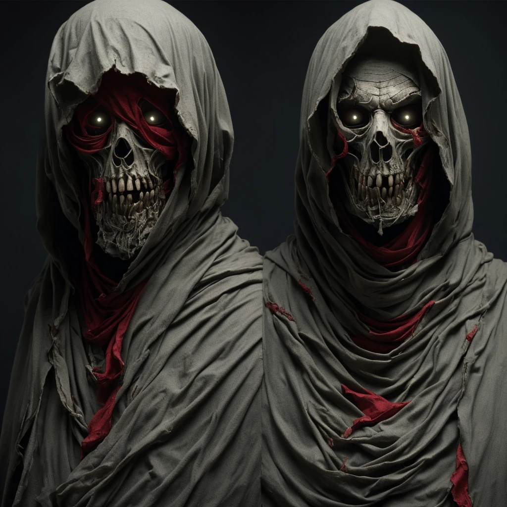 (masterpiece:1.2), absurdity, Photorealistic shot of Mumm-Ra.,One, decaying mummy,a spiteful and ancient sorcerer, , withered, wrapped in rotting bandages, emaciated body. Grotesque, sickly gray skin, covered in torn, rotting bandages, the body is exhausted, his face is hidden by a red hooded robe, glowing ominous red eyes, spiteful, (very detailed:1.3)