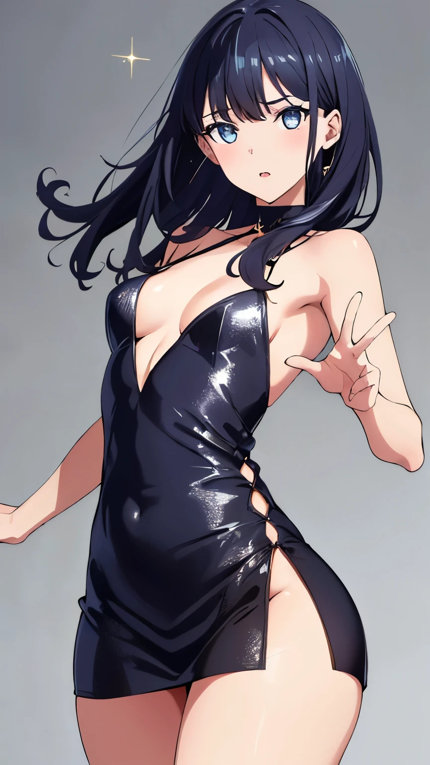 (masterpiece, best quality, high resolution, 8k:1.2), ((Very detailed)), Anime, Absurd, One girl, ((Dynamic pose)) , alone, Black Hair, young woman, Beautiful Fingers, Beautiful long legs, Beautiful body, Beautiful character design, beautiful eyes, detailed eyes, Perfect face, detailed face, Small medium breast, (sparkly dress, shiny dress, thighs), View your viewers, In the center of the image, Cowboy Shot,