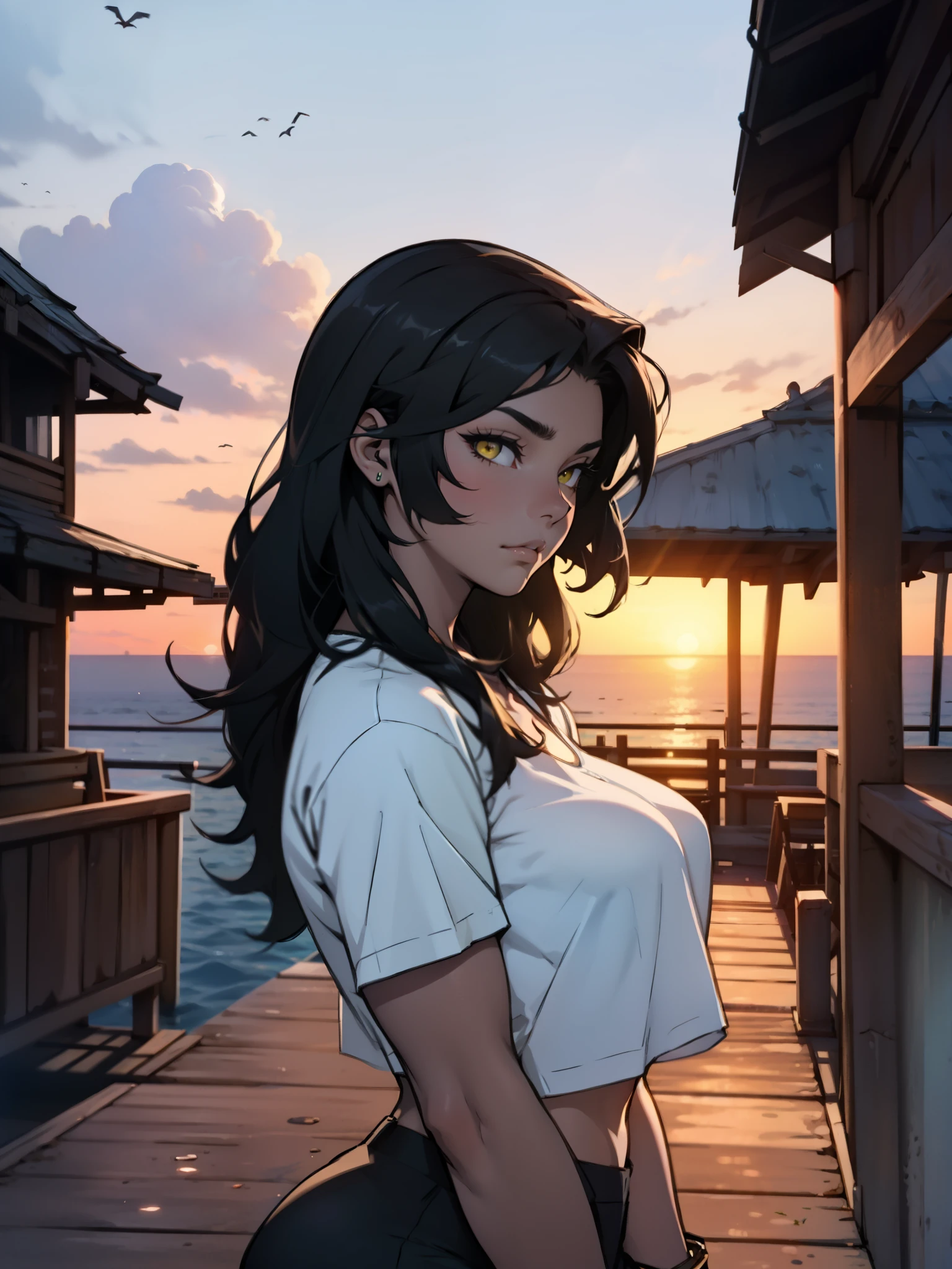 massive hair black hair yellow eyes pale skin large breasts muscular girl sad girl neon signs sunset docks pier