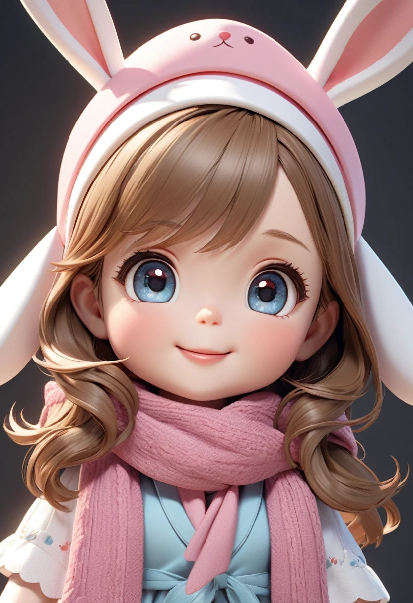 
          Q version cute little girl doll wearing bunny ears hat and scarf. Elegant smile. Cute 3D cartoon style. Accurate anatomy. Extremely detailed texture. Cartoon character. Clear and detailed animation. High quality cartoon character. High quality realistic.
           