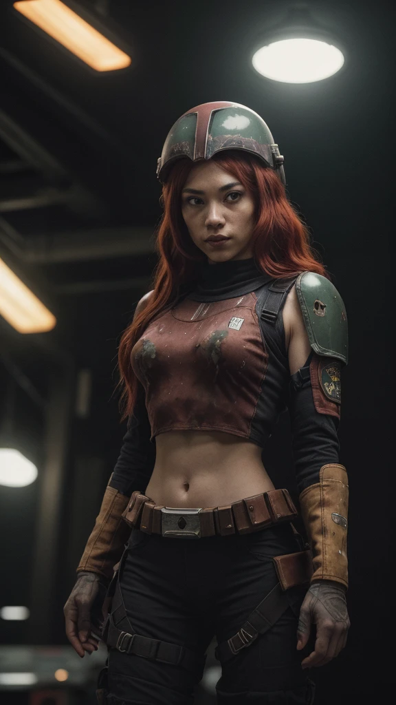 a 20-year-old girl with long red hair, dressed as Boba Fett from Star Wars, only wearing the helmet, a top and floss underwear,cinematic lighting, dramatic pose, science fiction, dark atmosphere, moody, vibrant colors, photorealistic, 8k, best quality, (masterpiece:1.2), ultra-detailed, (realistic:1.37), HDR, studio lighting, physically-based rendering, extreme detail description, vivid colors, bokeh, full body shot