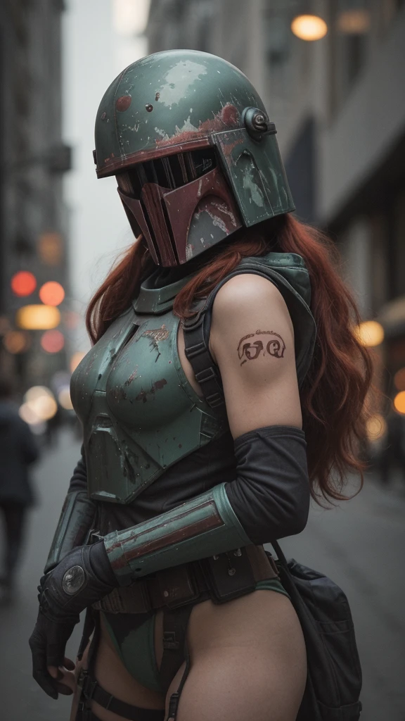 a 20-year-old girl with long red hair, dressed as Boba Fett from Star Wars, only wearing the helmet, a top and floss underwear,cinematic lighting, dramatic pose, science fiction, dark atmosphere, moody, vibrant colors, photorealistic, 8k, best quality, (masterpiece:1.2), ultra-detailed, (realistic:1.37), HDR, studio lighting, physically-based rendering, extreme detail description, vivid colors, bokeh, full body shot