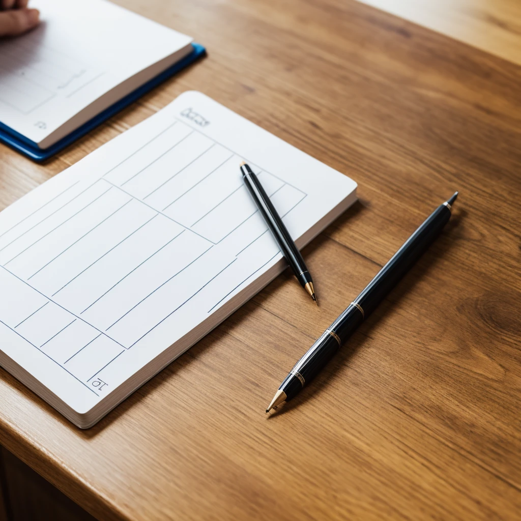 Draw a picture of a notepad on the table, Close-up.