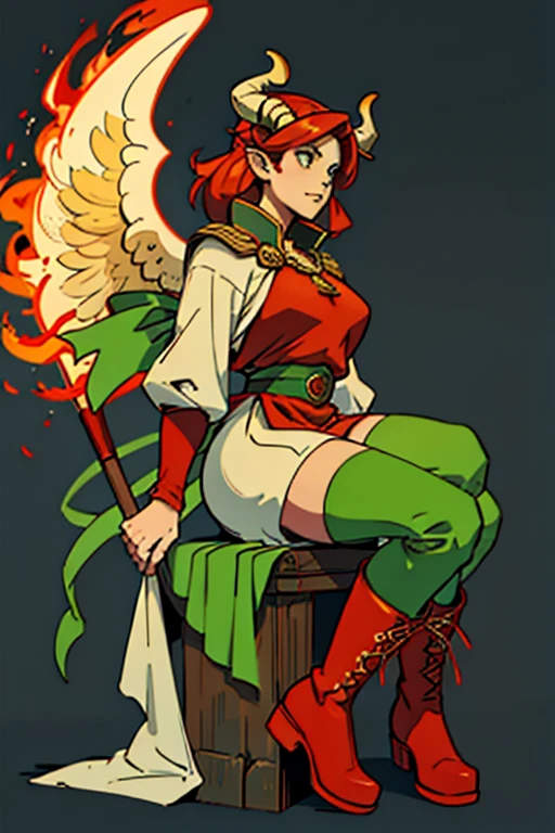 priestess of fire with horns and large angel wings green and red clothes with military boots