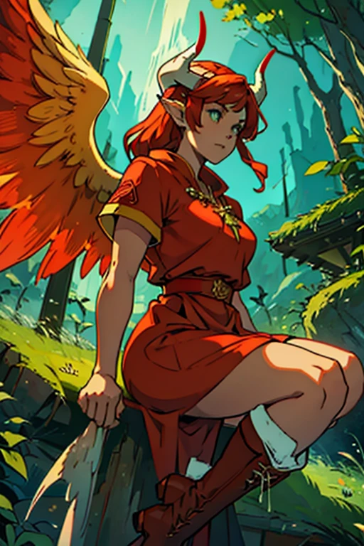 priestess of fire with horns and large angel wings green and red clothes with military boots